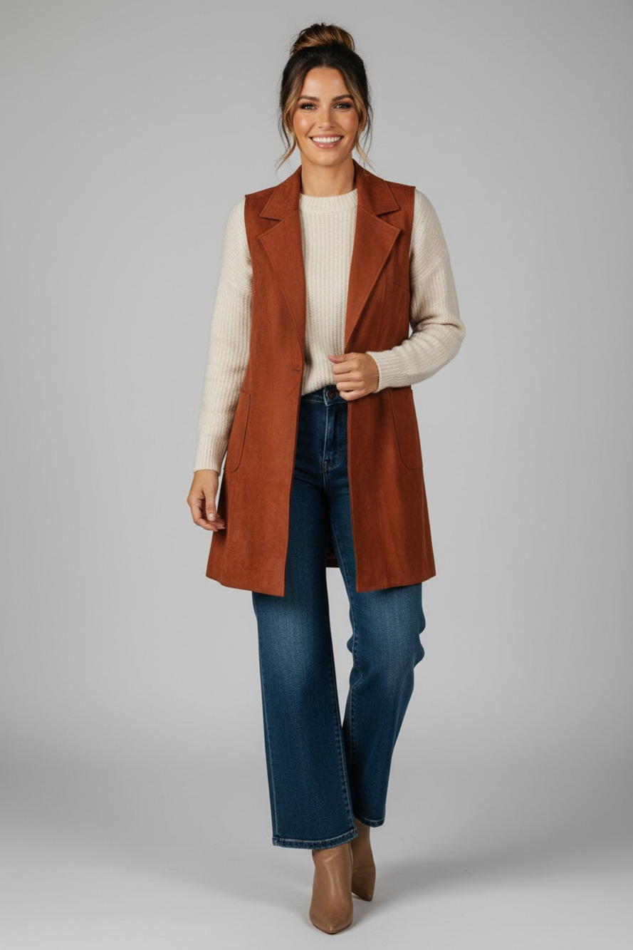Solitaire by Anthropologie Faux Suede Sleeveless Longline Vest in Cognac Size L